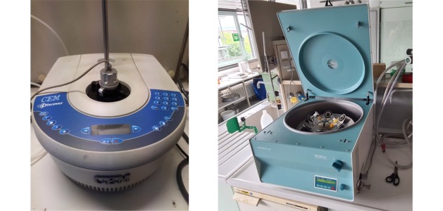 CEM Discover Model 908010 microwave reactor and Hettich centrifuge Rotofix 46 for Schlenk tubes